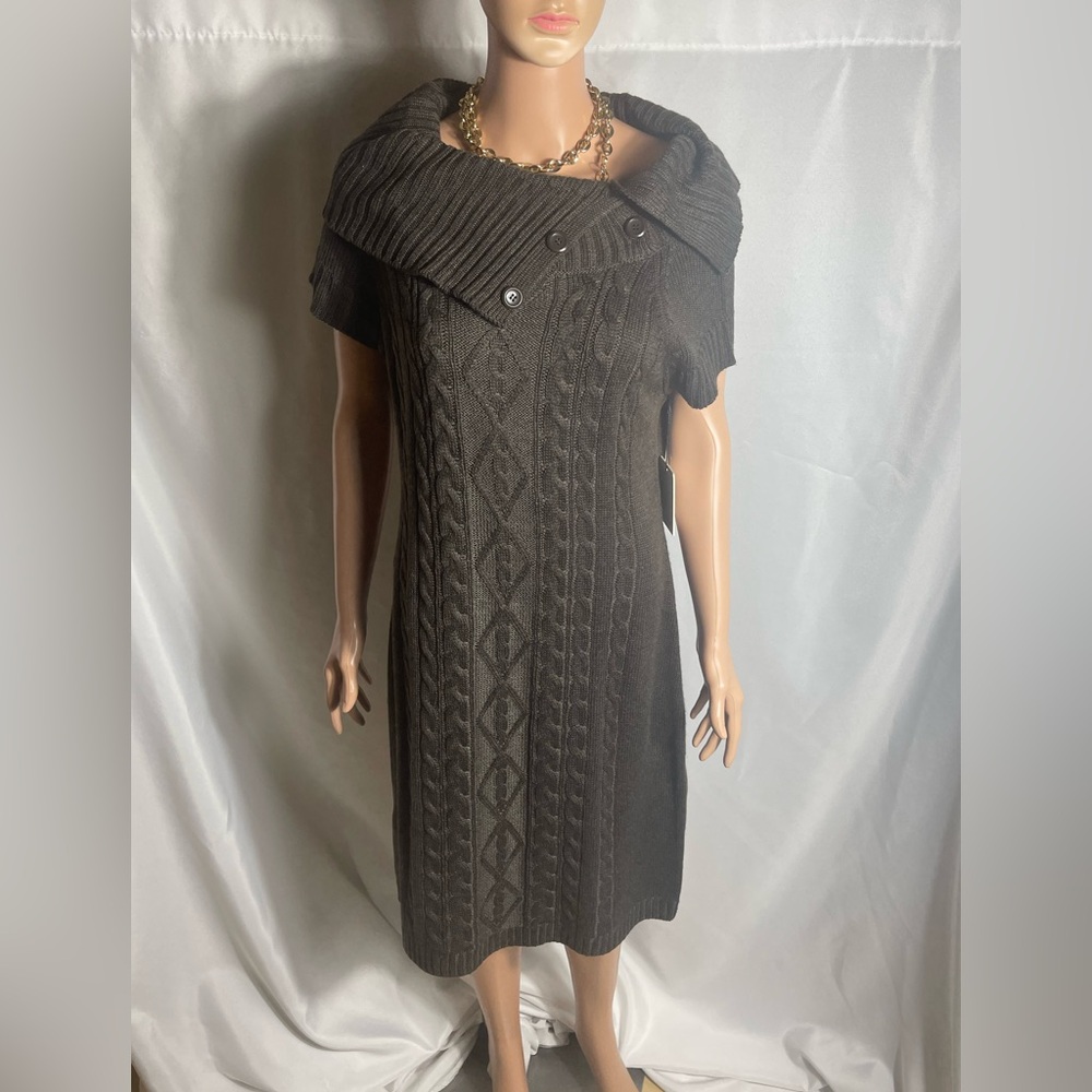 Calvin Klein Cable Knit Sweater Dress Brown Cowl Neck Button Detail Size L NWT
